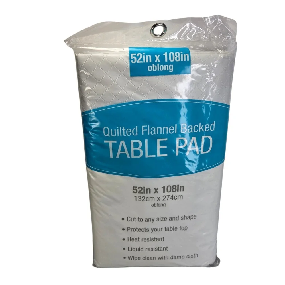 Quilted Flannel Back Table Pad Protect 52 x 108 Oblong Vinyl White Customizable